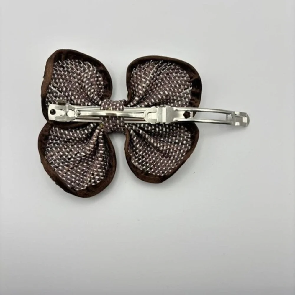 Vintage Brown White Woven Burlap Style Texture‎ Double-loop Bow Hair Barrette